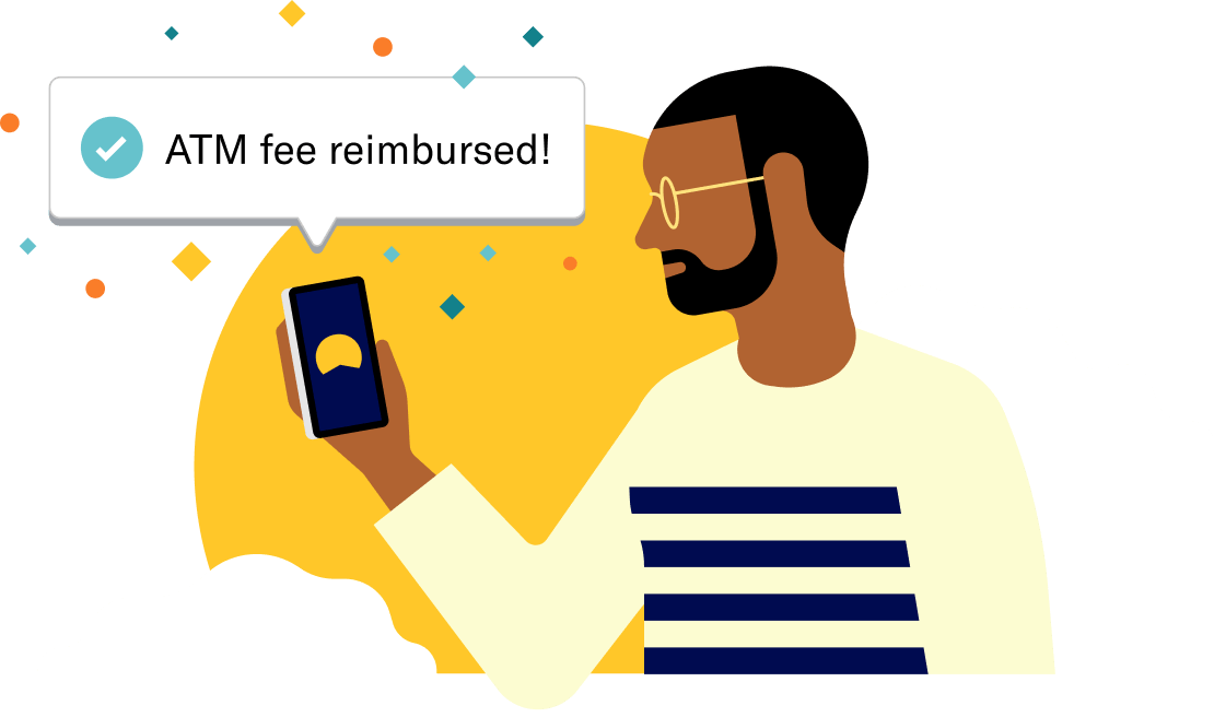 Man getting a notification from the New Wealth Capital Management app on his phone that his ATM fee has been reimbursed.