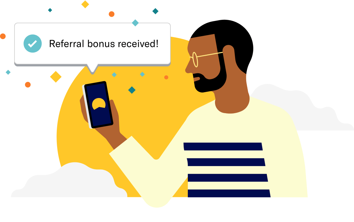 A man is notified by his New Wealth Capital Management app on his phone that he has received a referral bonus.